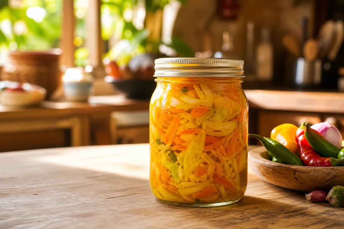 Bocal de verre rempli d&rsquo;achards de légumes colorés au curcuma, posé sur une table en bois