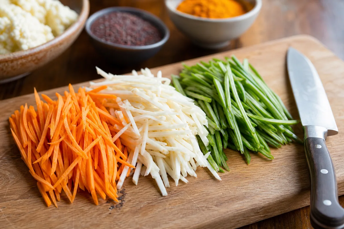 Légumes coupés en fine julienne sur une planche à découper en bois, entourés d&rsquo;épices
