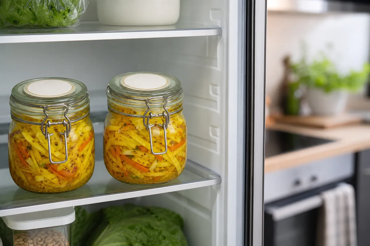 Bocaux d&rsquo;achards de légumes marinés rangés dans un réfrigérateur