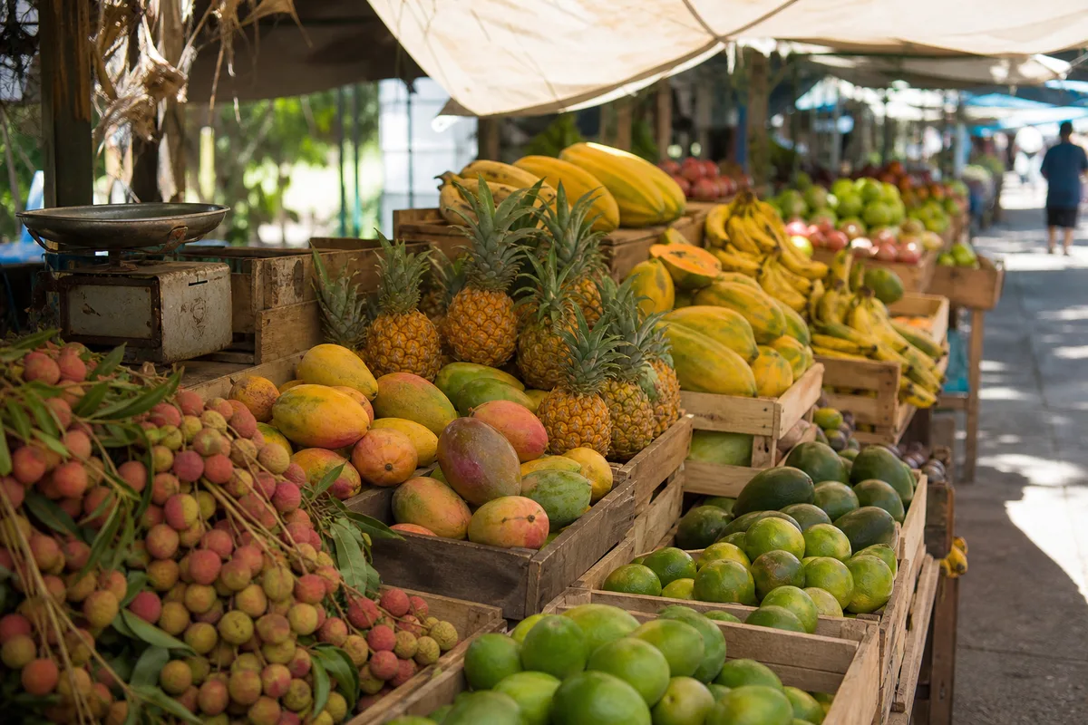 Étal de marché créole couvert de fruits tropicaux colorés