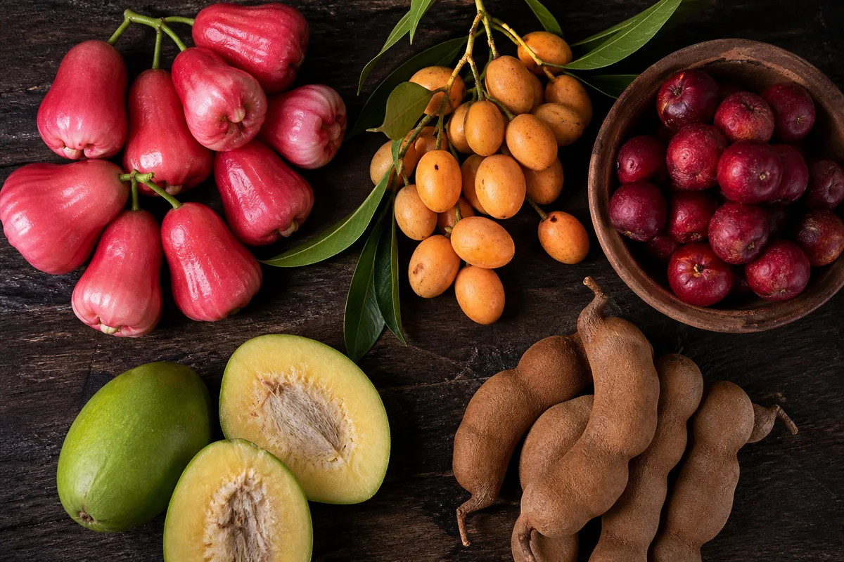 Assortiment de fruits péi méconnus posés sur une table en bois
