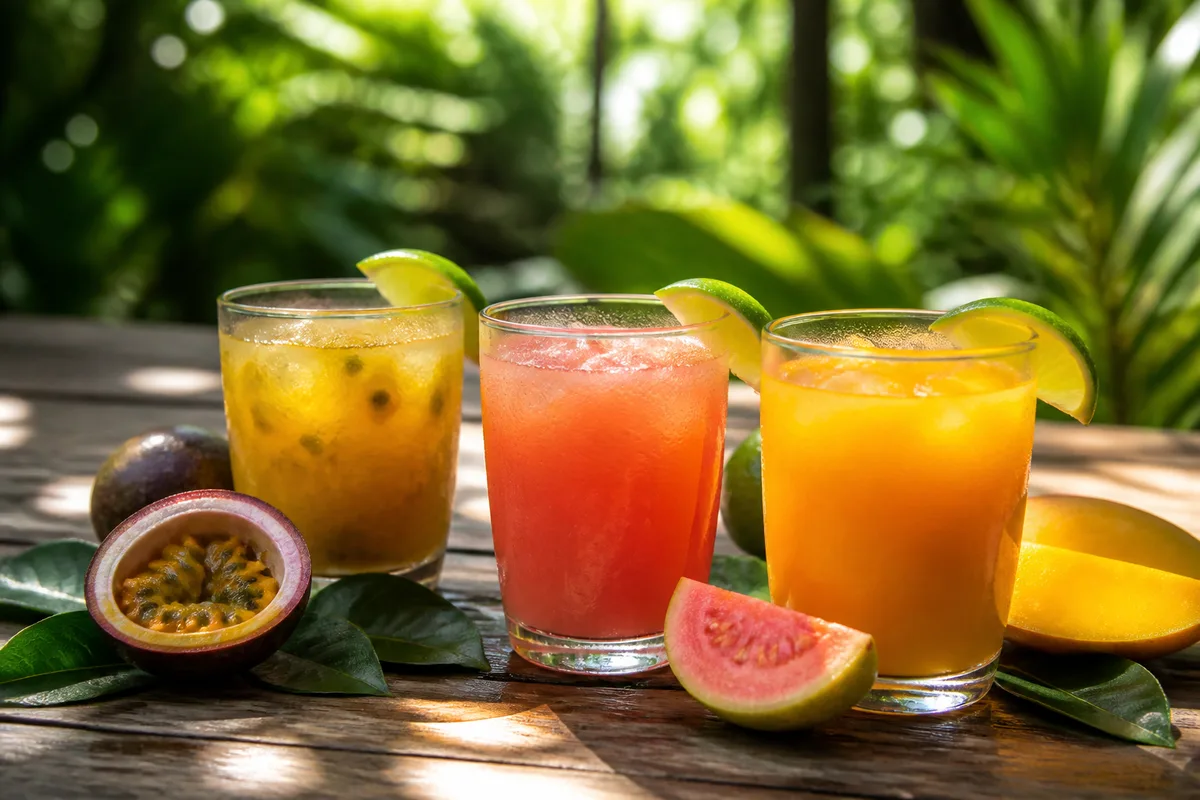 Jus de fruits tropicaux frais servis dans des verres sur une terrasse ombragée