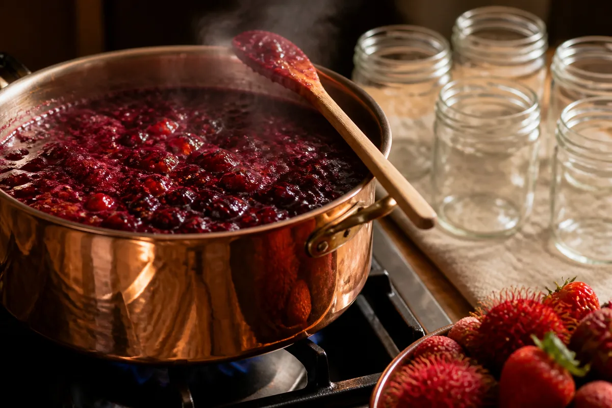 Confiture de fruits tropicaux en préparation dans une casserole en cuivre