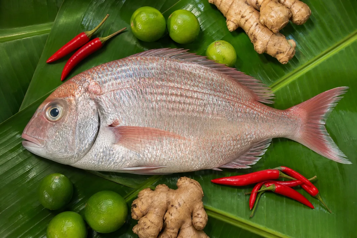 Poisson entier posé sur un lit de feuilles de bananier