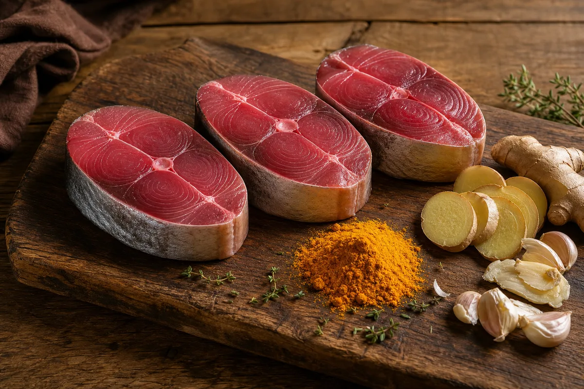 Darnes de poisson crues sur une planche en bois avec du curcuma et du gingembre frais